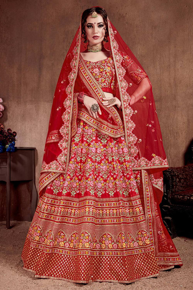 Carmine Red Mulberry Silk Zari Sequins Embroidery With Stone Work Lehenga Set (NT1-7104)