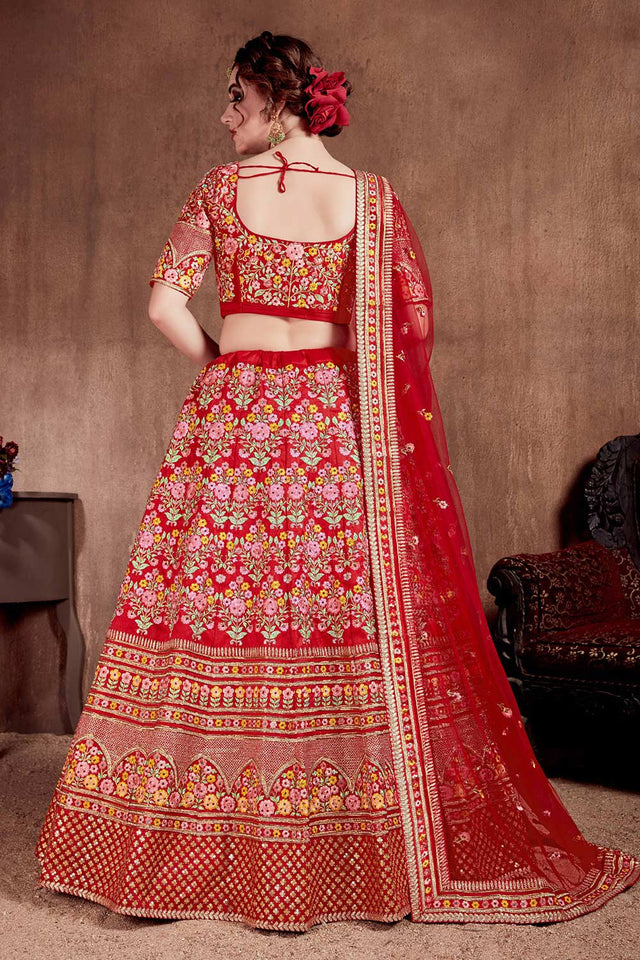 Carmine Red Mulberry Silk Zari Sequins Embroidery With Stone Work Lehenga Set (NT1-7104)