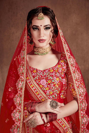 Carmine Red Mulberry Silk Zari Sequins Embroidery With Stone Work Lehenga Set (NT1-7104)