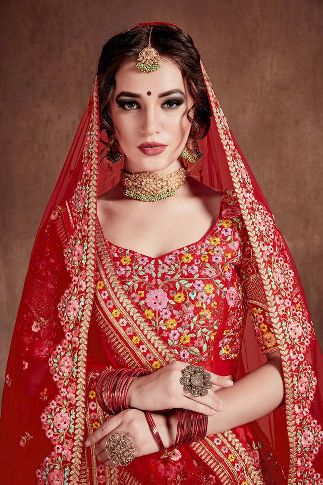Carmine Red Mulberry Silk Zari Sequins Embroidery With Stone Work Lehenga Set (NT1-7104)