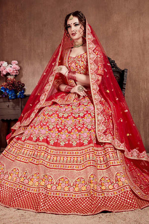 Carmine Red Mulberry Silk Zari Sequins Embroidery With Stone Work Lehenga Set (NT1-7104)
