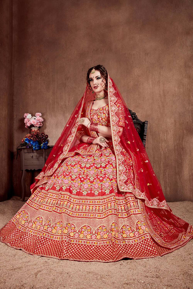 Carmine Red Mulberry Silk Zari Sequins Embroidery With Stone Work Lehenga Set (NT1-7104)