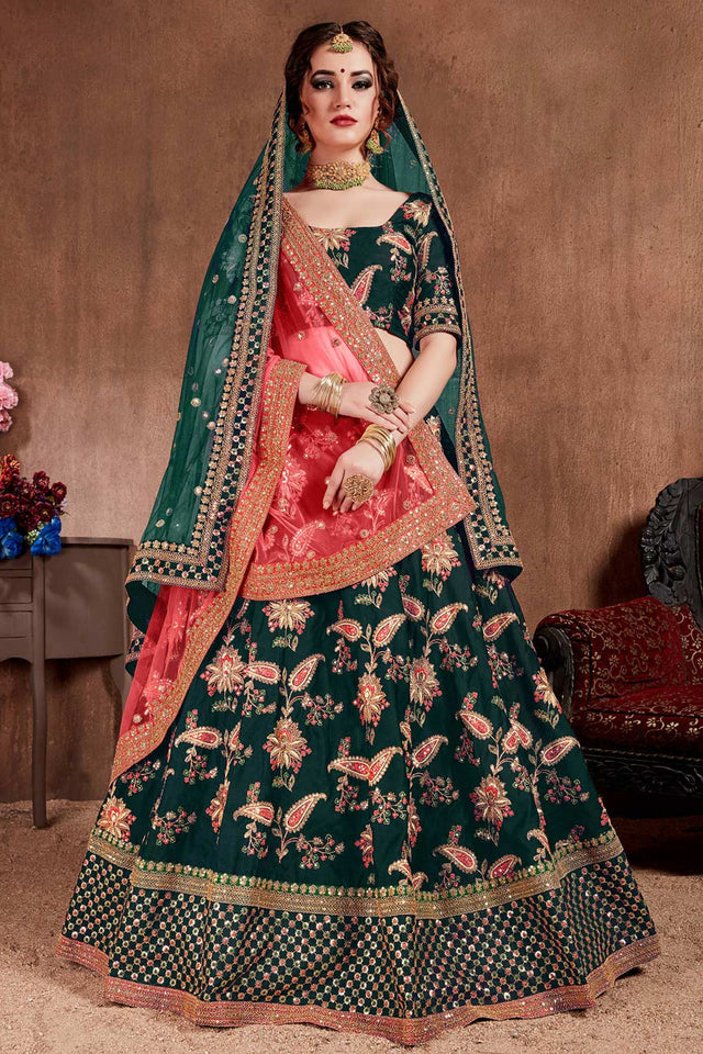Dark Green Taffeta Silk Zari Sequins Embroidery Work Lehenga Set (NT1-7105)