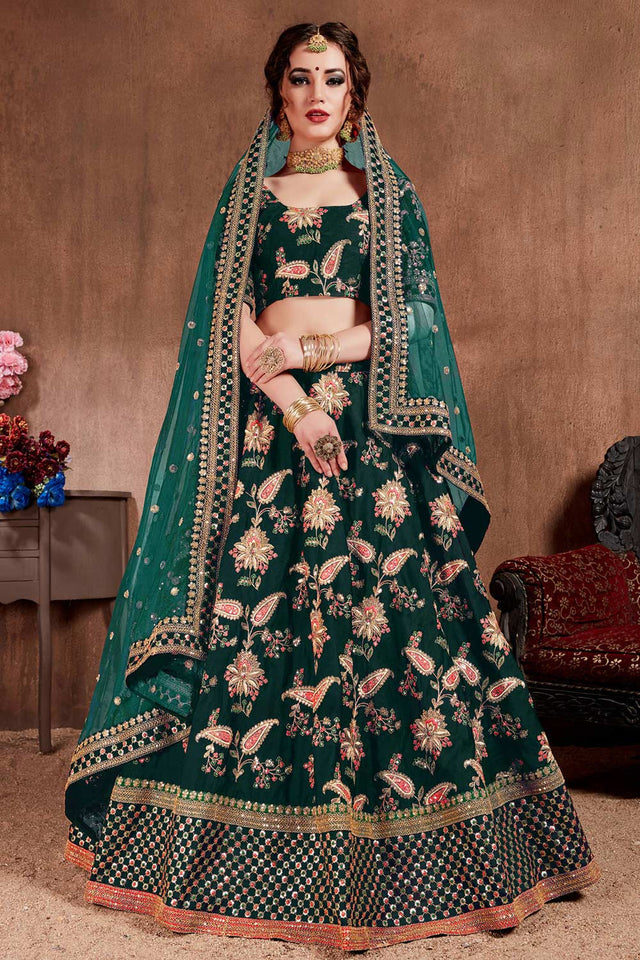 Dark Green Taffeta Silk Zari Sequins Embroidery Work Lehenga Set (NT1-7105)
