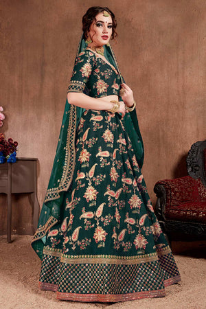 Dark Green Taffeta Silk Zari Sequins Embroidery Work Lehenga Set (NT1-7105)