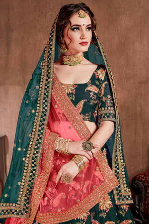 Dark Green Taffeta Silk Zari Sequins Embroidery Work Lehenga Set (NT1-7105)