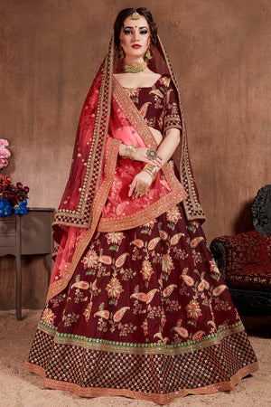 Dark Maroon Taffeta Silk Zari Sequins Embroidery Work Lehenga Set (NT1-7106)