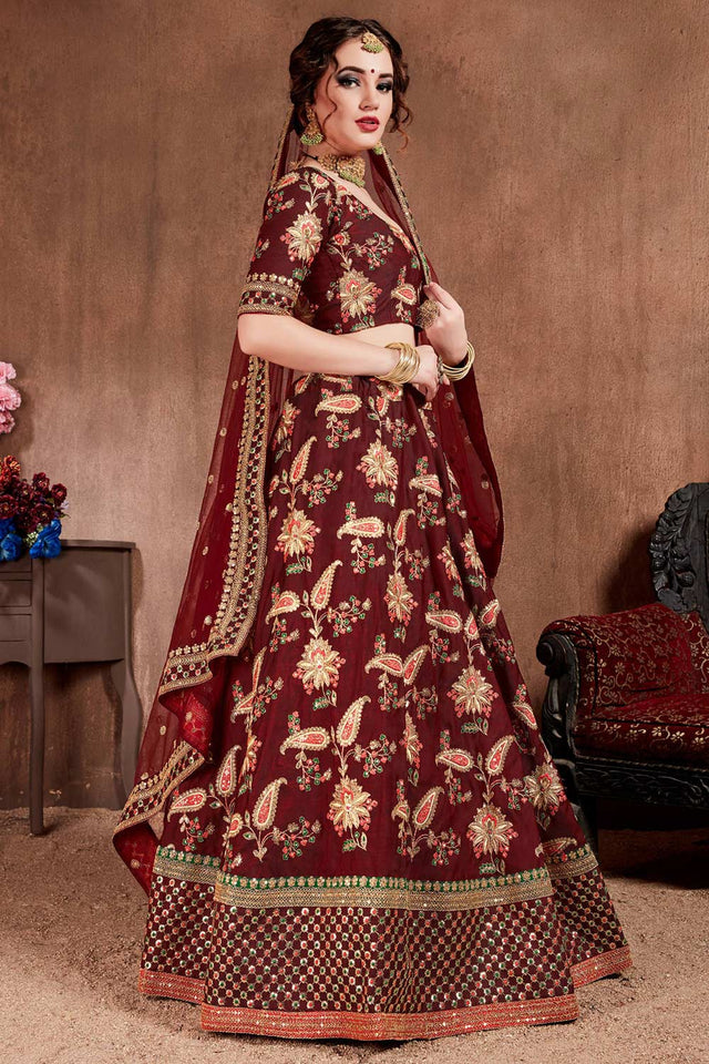 Dark Maroon Taffeta Silk Zari Sequins Embroidery Work Lehenga Set (NT1-7106)