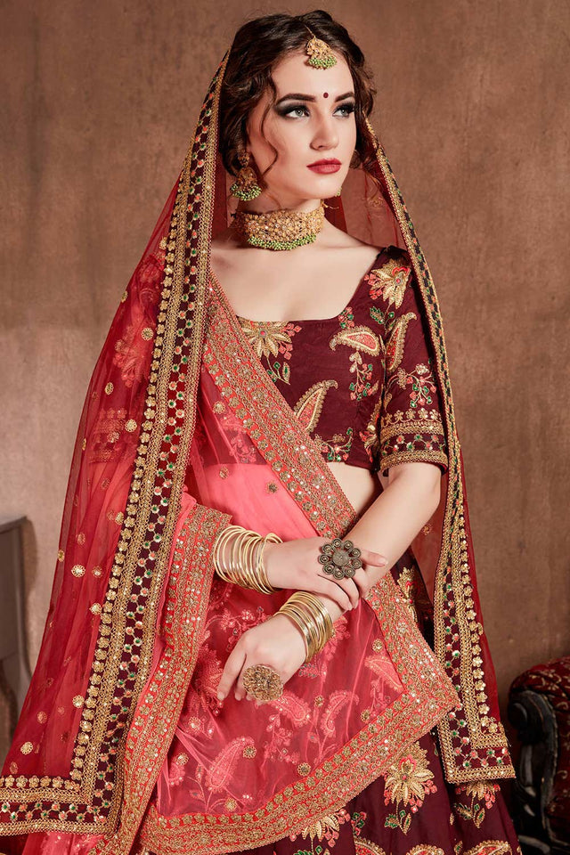 Dark Maroon Taffeta Silk Zari Sequins Embroidery Work Lehenga Set (NT1-7106)