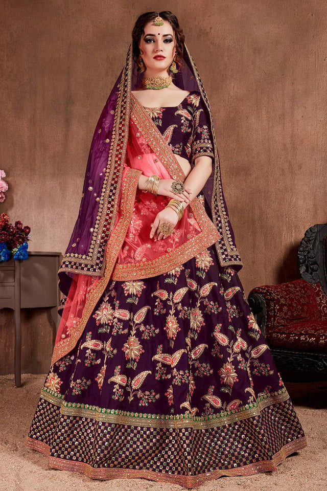 Dark Purple Taffeta Silk Zari Sequins Embroidery Work Lehenga Set (NT1-7107)