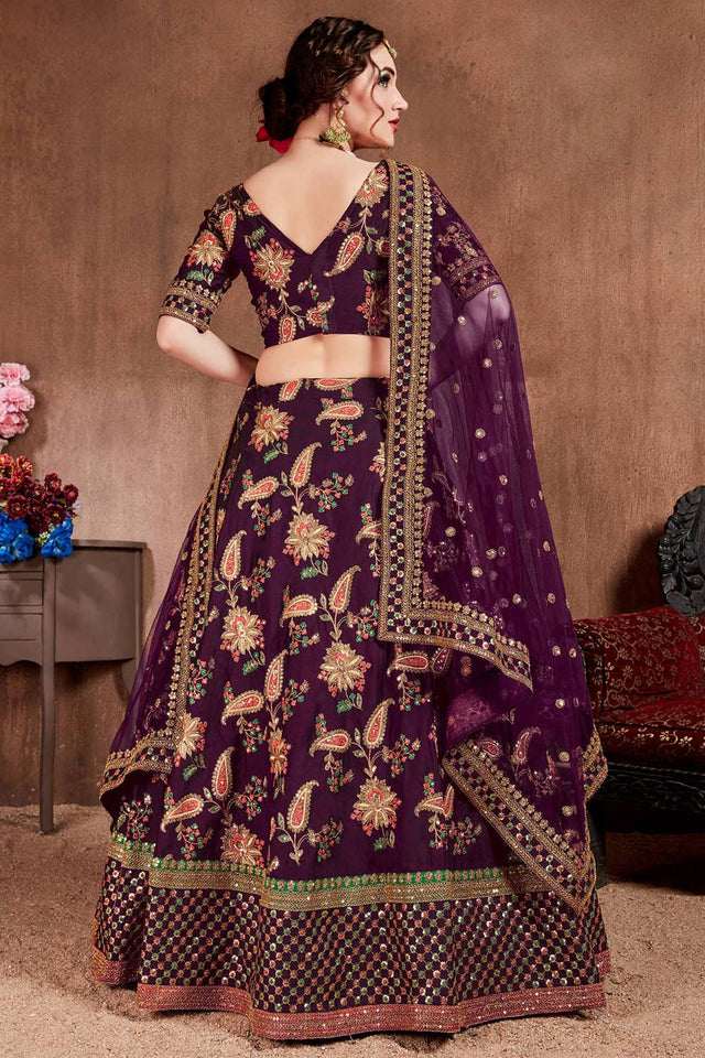 Dark Purple Taffeta Silk Zari Sequins Embroidery Work Lehenga Set (NT1-7107)