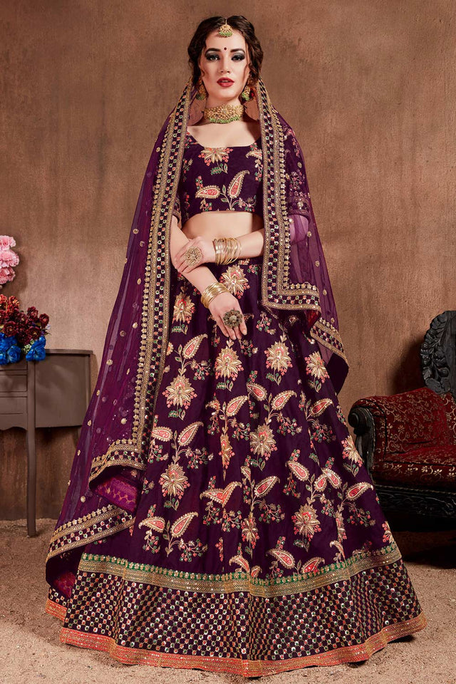 Dark Purple Taffeta Silk Zari Sequins Embroidery Work Lehenga Set (NT1-7107)