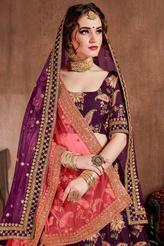 Dark Purple Taffeta Silk Zari Sequins Embroidery Work Lehenga Set (NT1-7107)