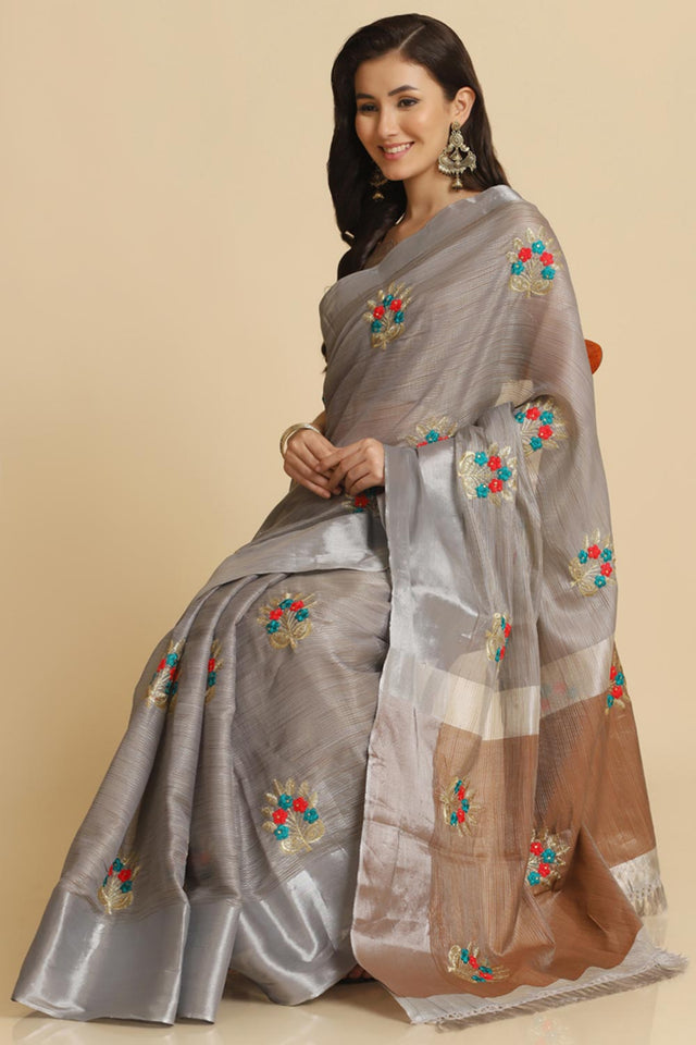 Buy Grey Resham Embroidery Party Wear Sarees Online - Front