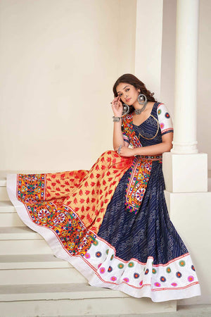 Blue Cotton Silk Embroidered Lehenga Choli