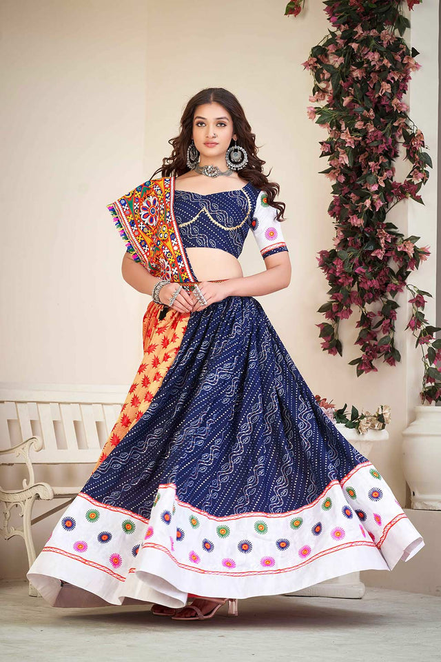 Blue Cotton Silk Embroidered Lehenga Choli