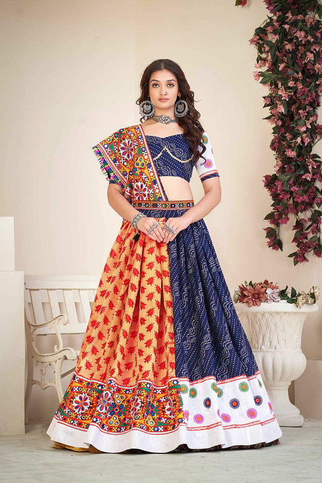 Blue Cotton Silk Embroidered Lehenga Choli