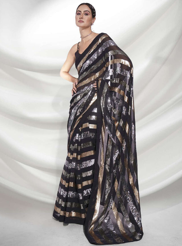 Black Georgette Sequin Saree
