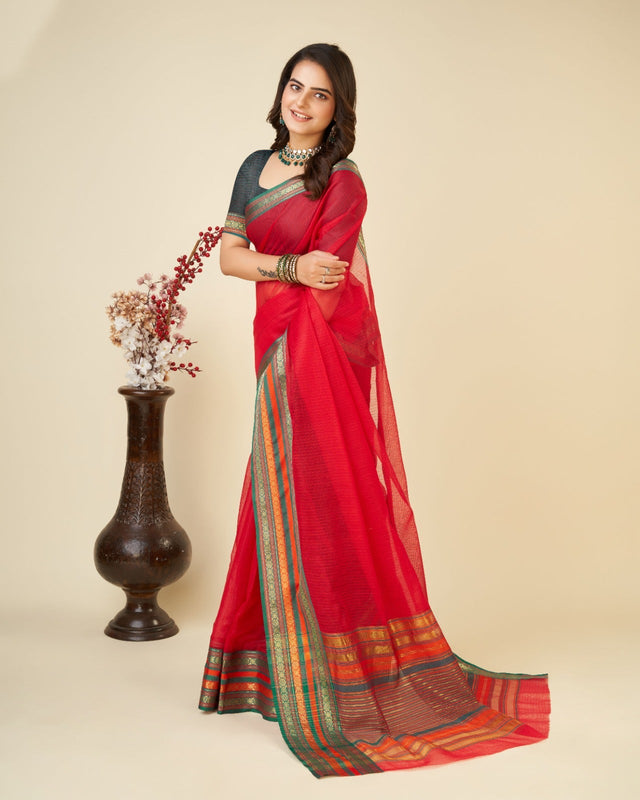 Red Semi Cotton Doriya Saree