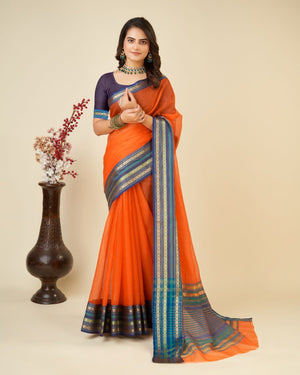 Orange Semi Cotton Doriya Saree