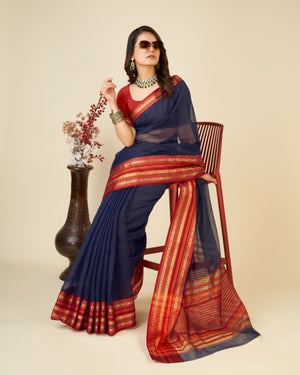 Blue Semi Cotton Doriya Saree