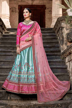 Satin Embroidery Lehenga in Sky and pink Blue