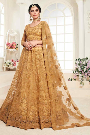 Satin Silk Resham Embroidery Lehenga in Occur Yellow