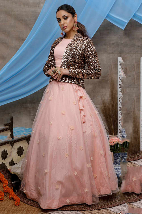Buy Net Sequins Work Lehenga Choli in Peach