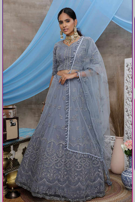 Buy Net Coding Work Lehenga Choli in Grey