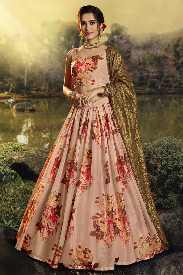 Buy Organza Printed Lehenga Choli in Peach