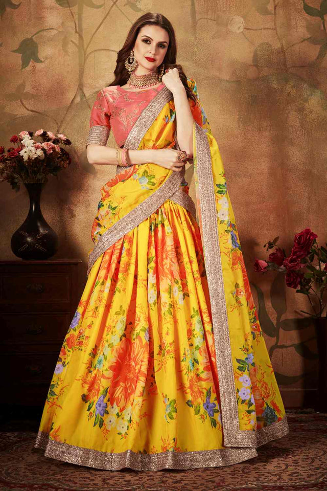Buy Organza Printed Lehenga Choli In Yellow