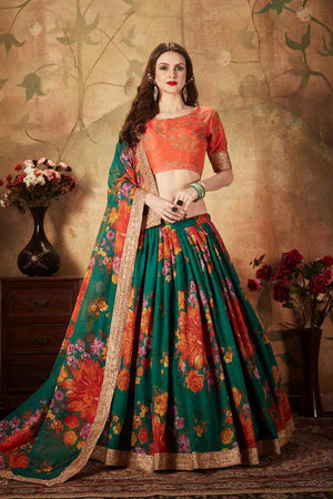 Buy Organza Printed Lehenga Choli In Pine Green