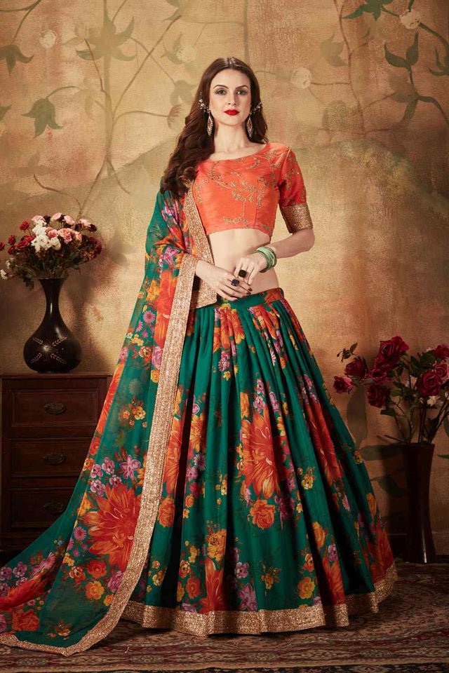 Buy Organza Printed Lehenga Choli In Pine Green