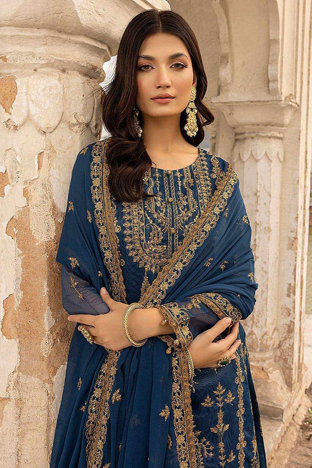 Blue Floral Embroidered With Sequins Georgette Salwar Suit Set