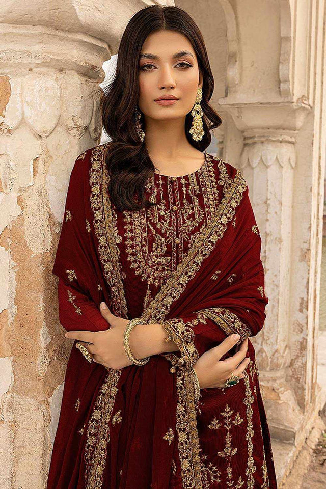 Maroon Floral Embroidered With Sequins Georgette Salwar Suit Set