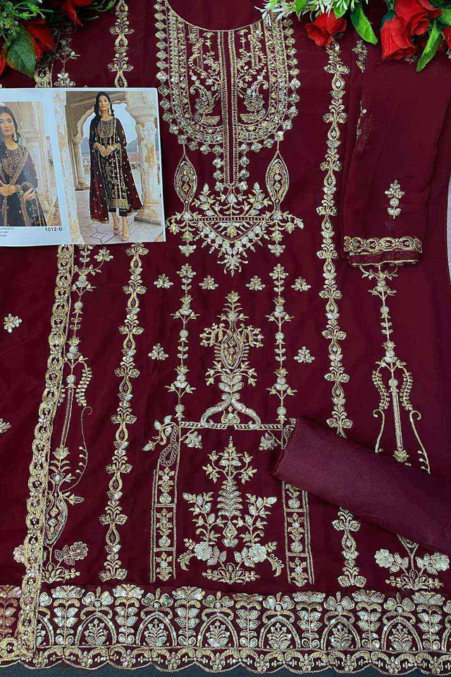 Maroon Floral Embroidered With Sequins Georgette Salwar Suit Set