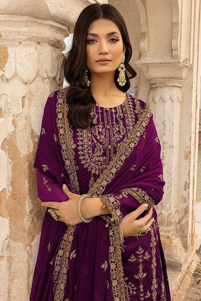 Purple Floral Embroidered With Sequins Georgette Salwar Suit Set