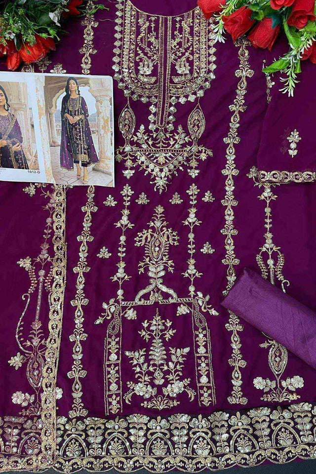Purple Floral Embroidered With Sequins Georgette Salwar Suit Set