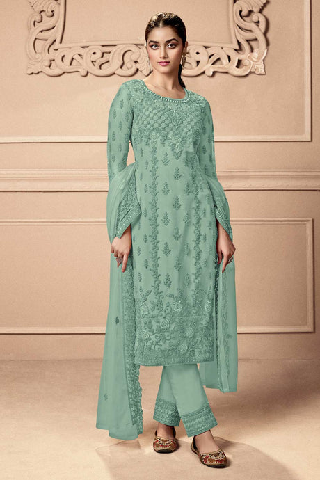Buy Light Green Party Wear Embroidered Netted Pant Suit Set Online - KARMAPLACE