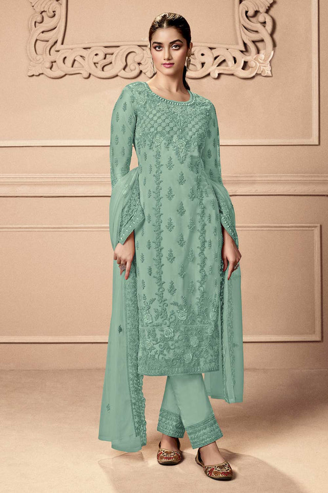 Buy Light Green Party Wear Embroidered Netted Pant Suit Set Online - KARMAPLACE