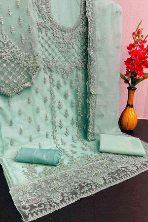 Light Green Party Wear Embroidered Netted Pant Suit Set (RF26298)