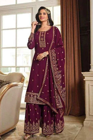 Buy Purple Embellished With Embroidered Georgette Sharara Suit Set Online - KARMAPLACE