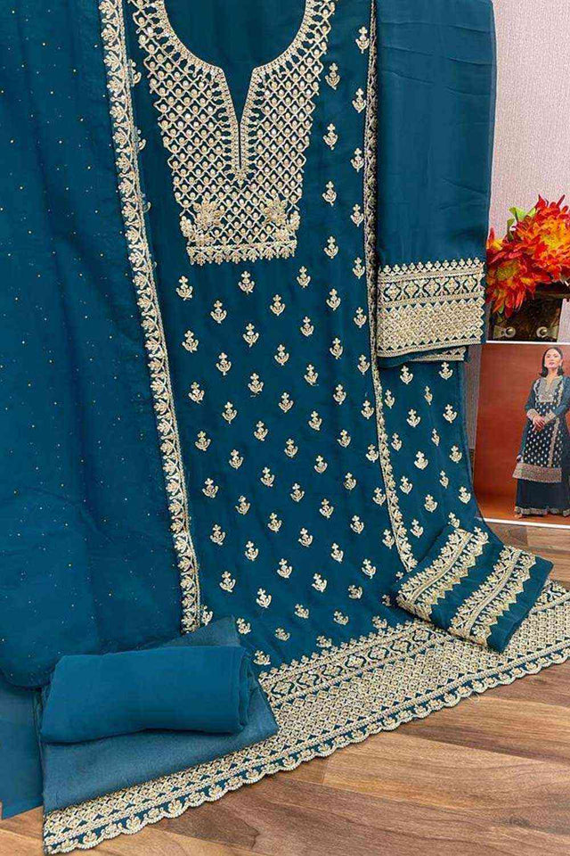 Aqua Blue  Embroidery With Sequins Heavy Faux Georgette Palazzo Suit Set