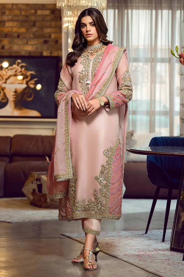 Buy Peach Embroidered With Embellished Georgette Pant Suit Set Online - KARMAPLACE
