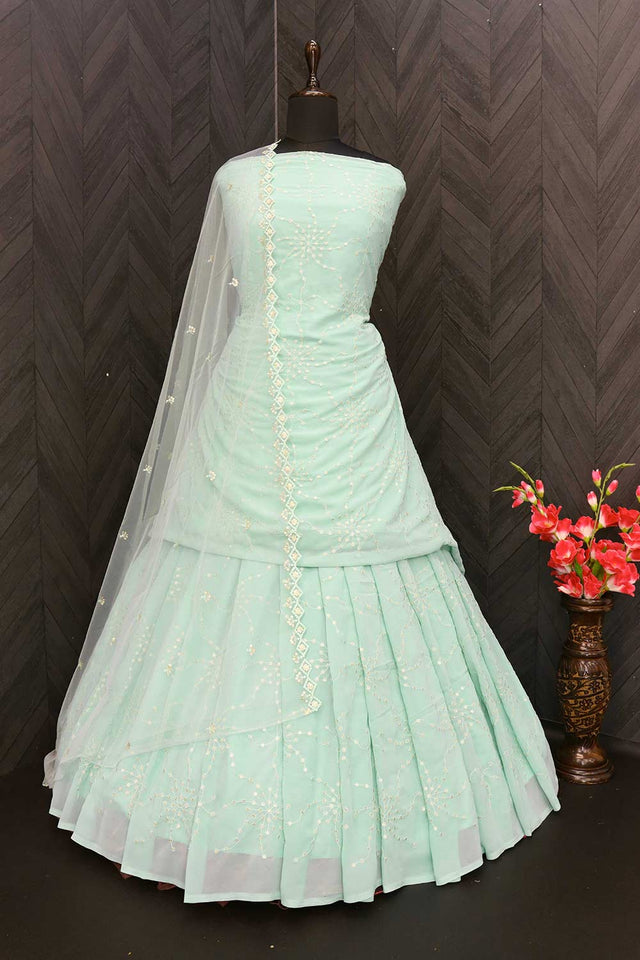 Buy Green Embroidered With Georgette Lehenga Kameez With Dupatta Online - Back