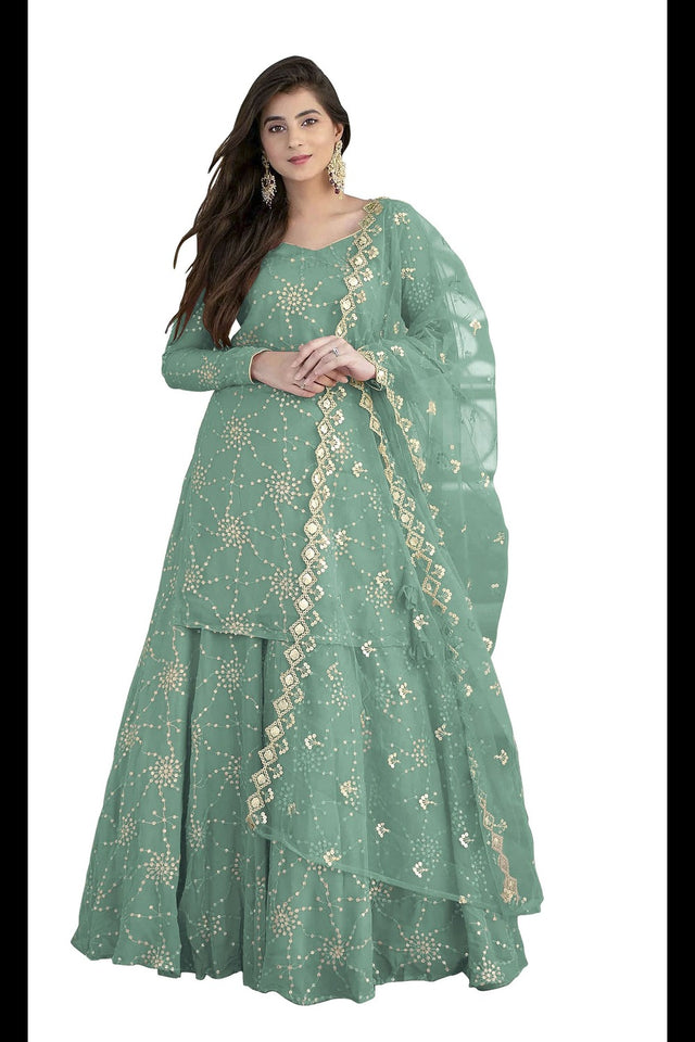 Buy Green Embroidered With Georgette Lehenga Kameez With Dupatta Online - Front