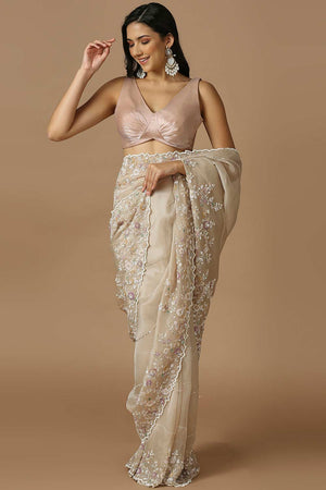 Beige Silk Sleeveless Padded Blouse