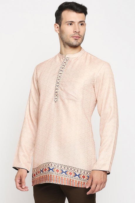Buy Men's Poly Cottton Printed Short Kurta in Ivory Online - Side
