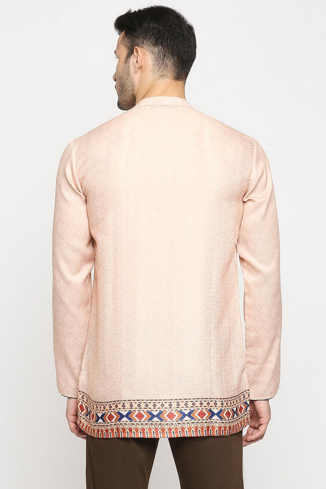 Buy Men's Poly Cottton Printed Short Kurta in Ivory Online - Back
