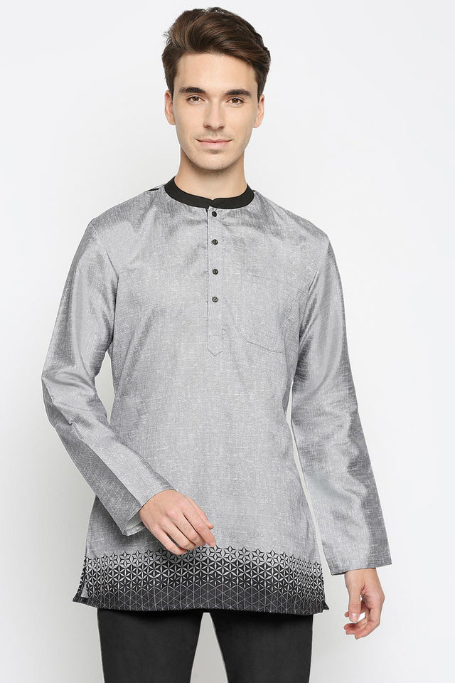 Buy Men's Poly Cottton Printed Short Kurta in Grey Online